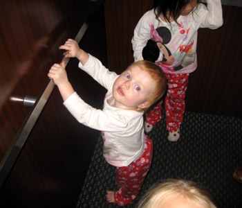 We have recently had a thing with hanging on to the railing whenever we ride an elevator.  All three girls really got into it for a few months.